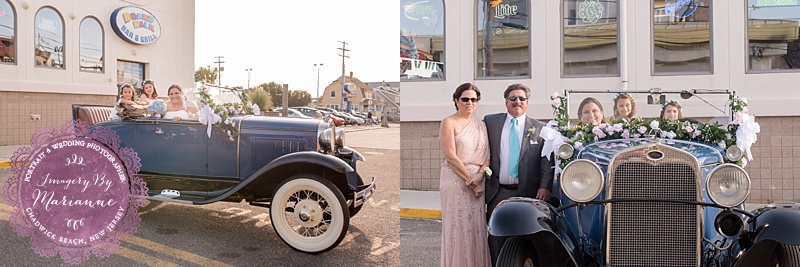 Rustic Fall Beach Wedding at Martell's Lobster House bride arrives at ceremony in vintage car
