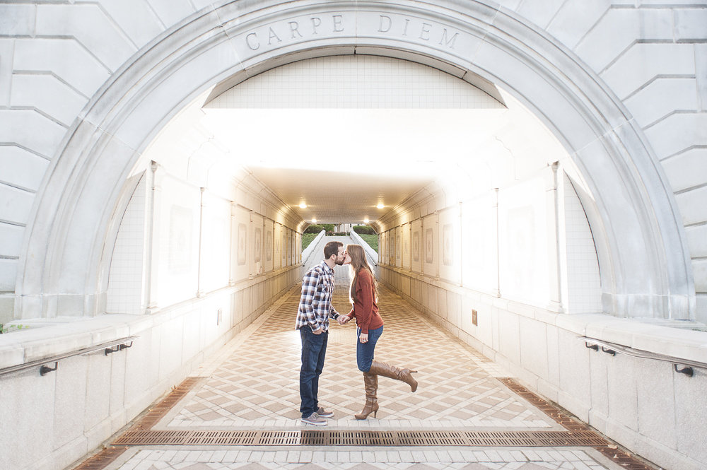 Portrait of the engaged couple during their engagement session ioutside the tunnel at Monmouth University.