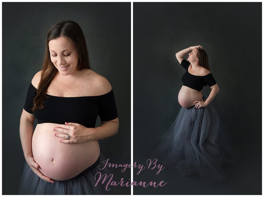 Pregnant Mom in classic two piece outfit with tube top and tutu.