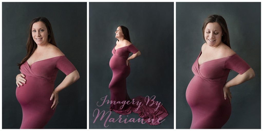 Pregnant Mom photographed in mauve colored maternity dress.